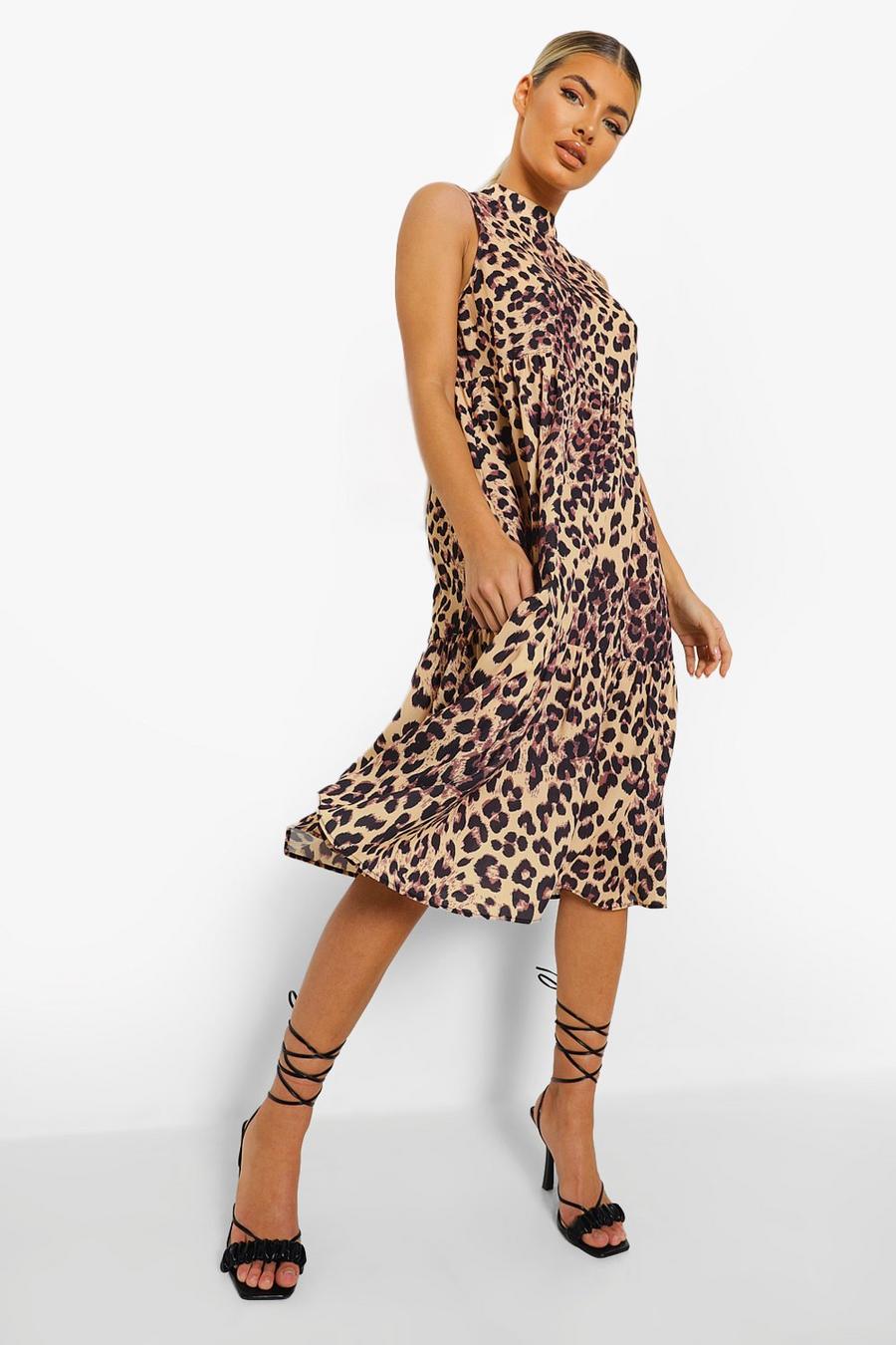 Brown Leopard Print Tiered Midi Smock Dress image number 1