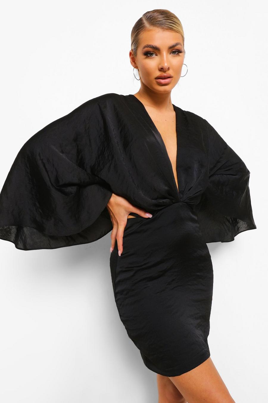 Mini-Kleid mit tiefem Ausschnitt und Fledermausärmeln, Schwarz image number 1