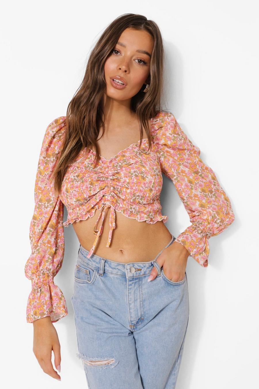 Pink Floral Rouched Puff Sleeve Crop Top image number 1