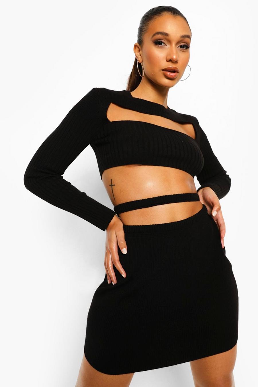 Black Cut Out Crop And Skirt Knitted Co-ord image number 1