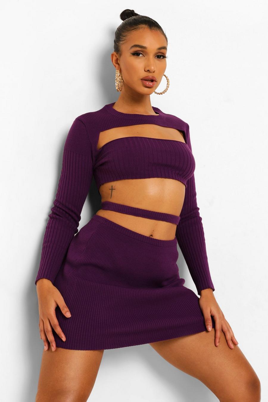 Purple Cut Out Crop And Skirt Knitted Co-ord image number 1