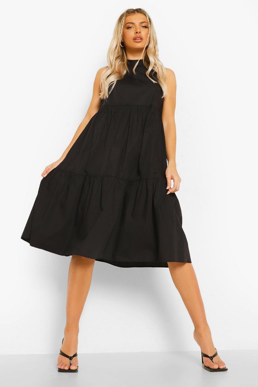 Black Cotton High Neck Tiered Midi Dress image number 1