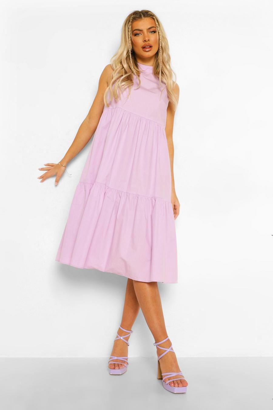 Lilac Cotton High Neck Tiered Midi Dress image number 1