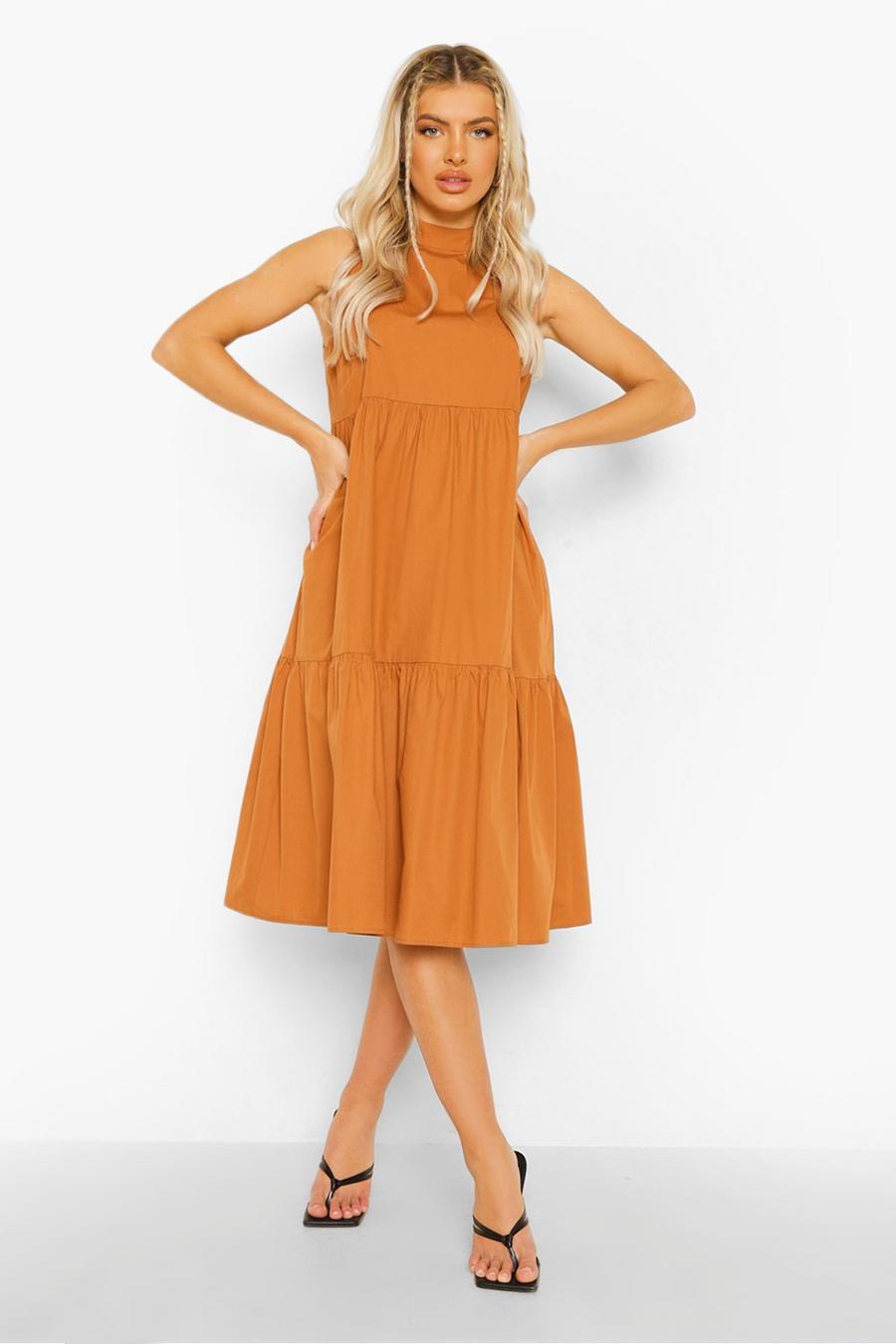 Tan Cotton High Neck Tiered Midi Dress image number 1