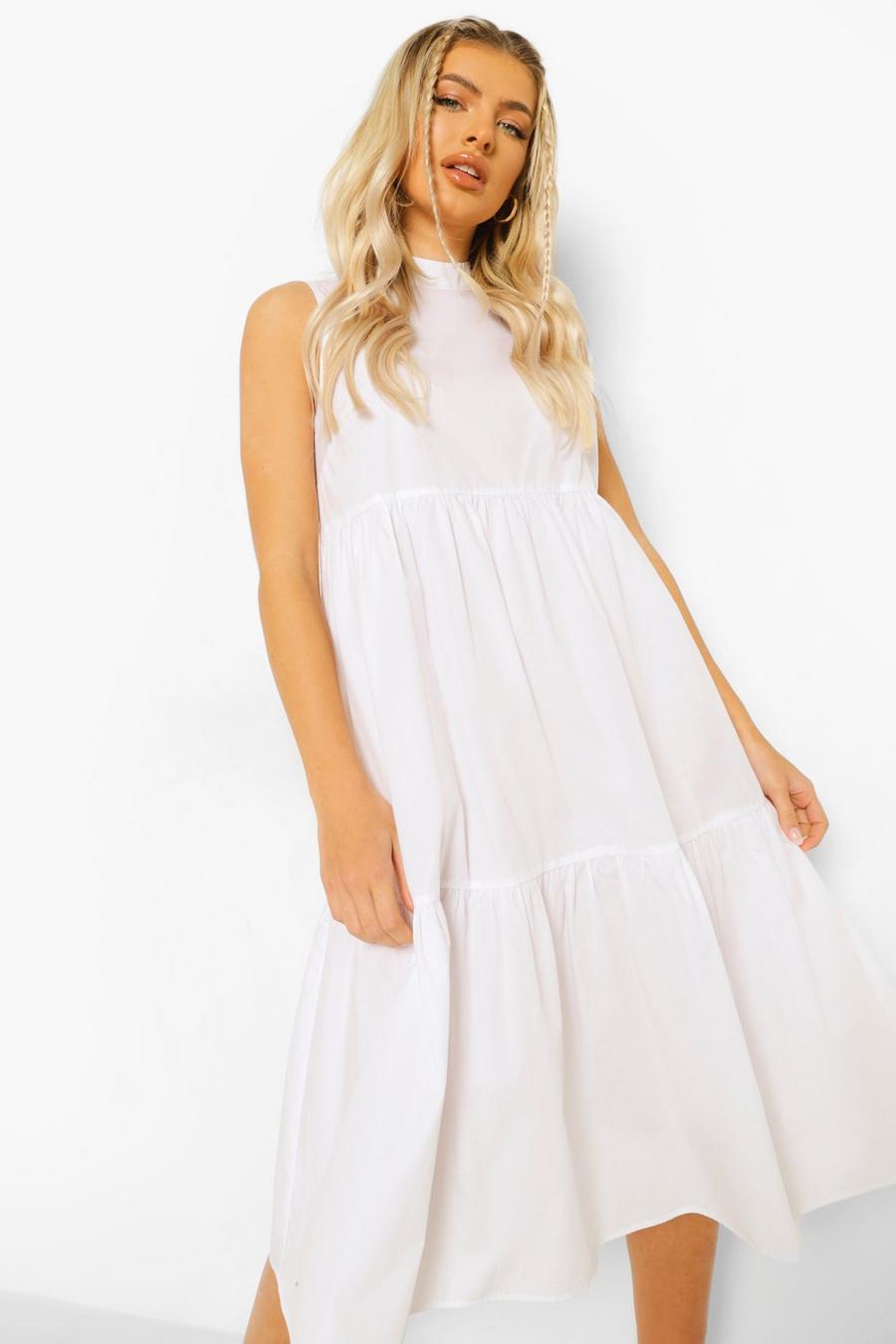 White Cotton High Neck Tiered Midi Dress image number 1