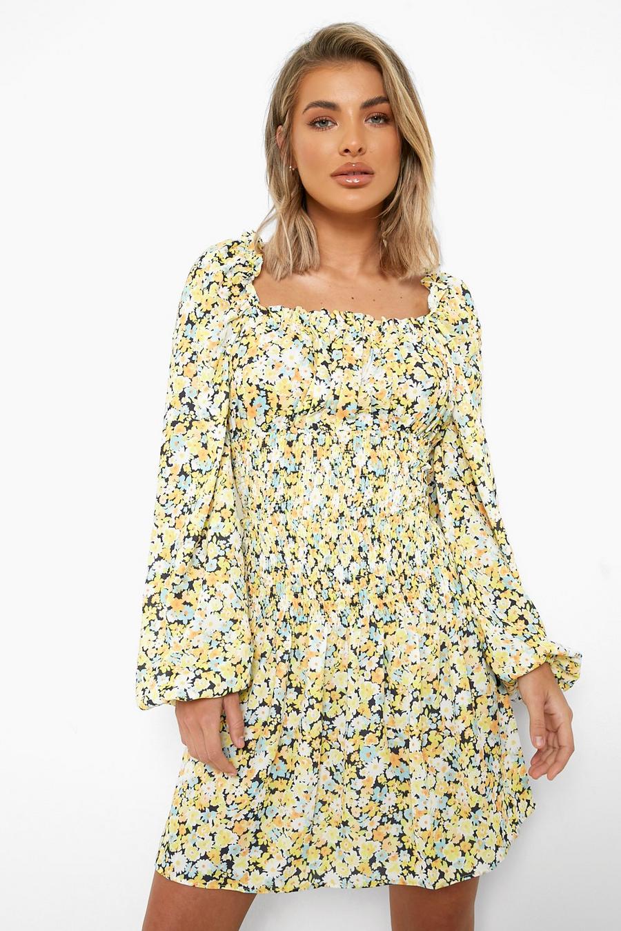 Yellow Floral Shirred Long Sleeve Skater Dress image number 1