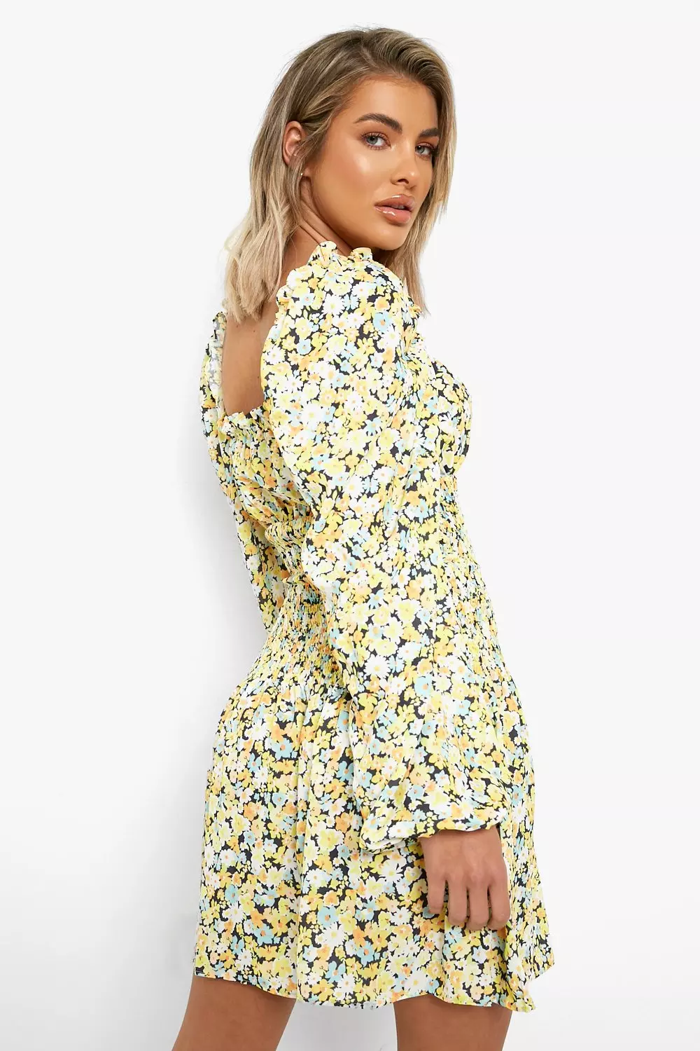 Yellow long store sleeve skater dress