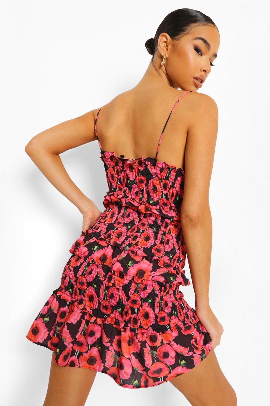 Hot pink Floral Shirred Frill Tiered Mini Dress image number 1