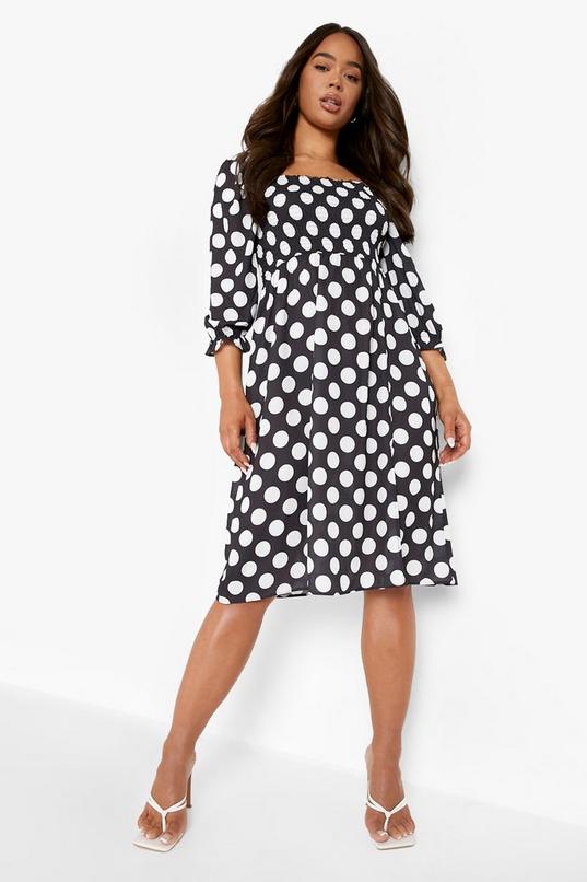 Women's Polka Dot Shirred Puff Sleeve Midi Dress | Boohoo UK