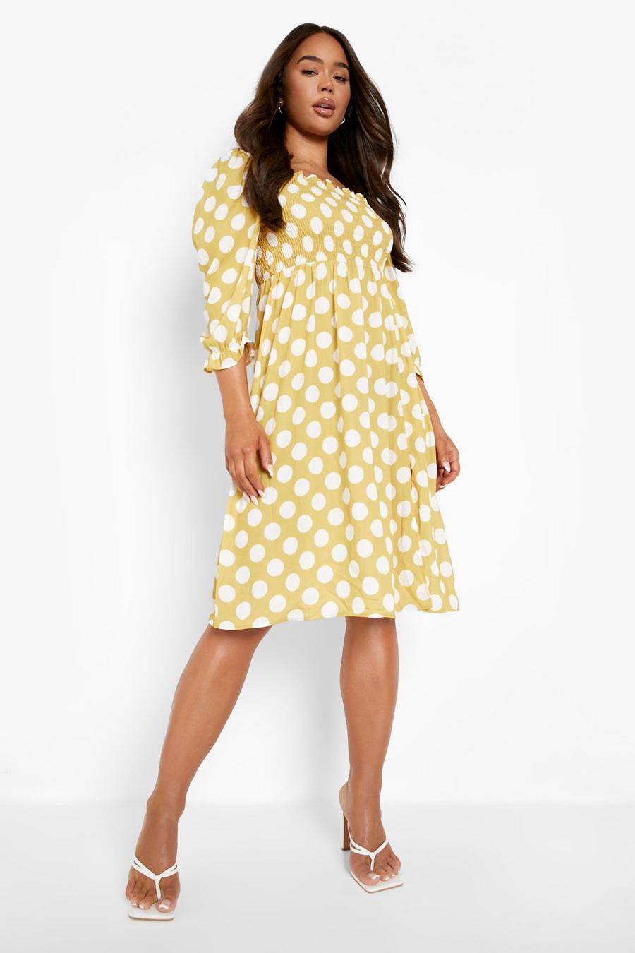 Mustard Polka Dot Shirred Puff Sleeve Midi Dress image number 1