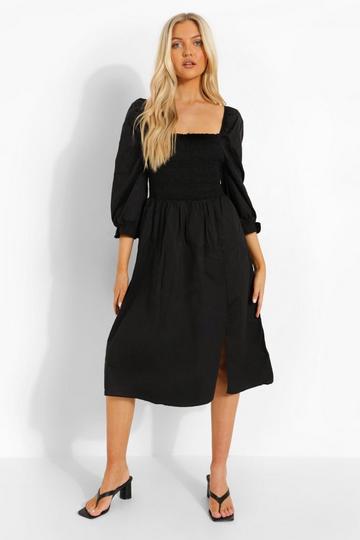 Cotton Shirred Puff Sleeve Midi Dress black