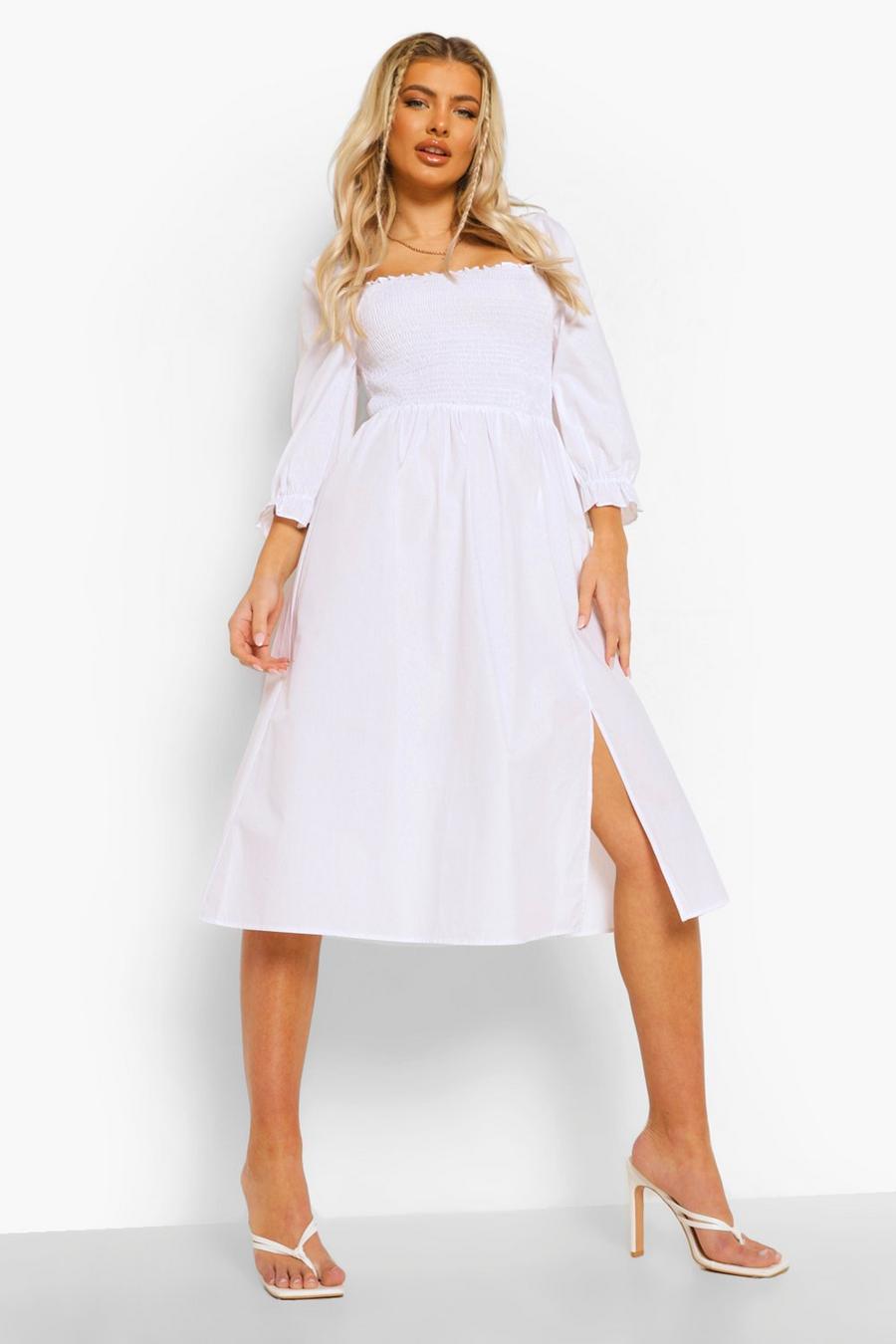 White Cotton Shirred Puff Sleeve Midi Dress image number 1