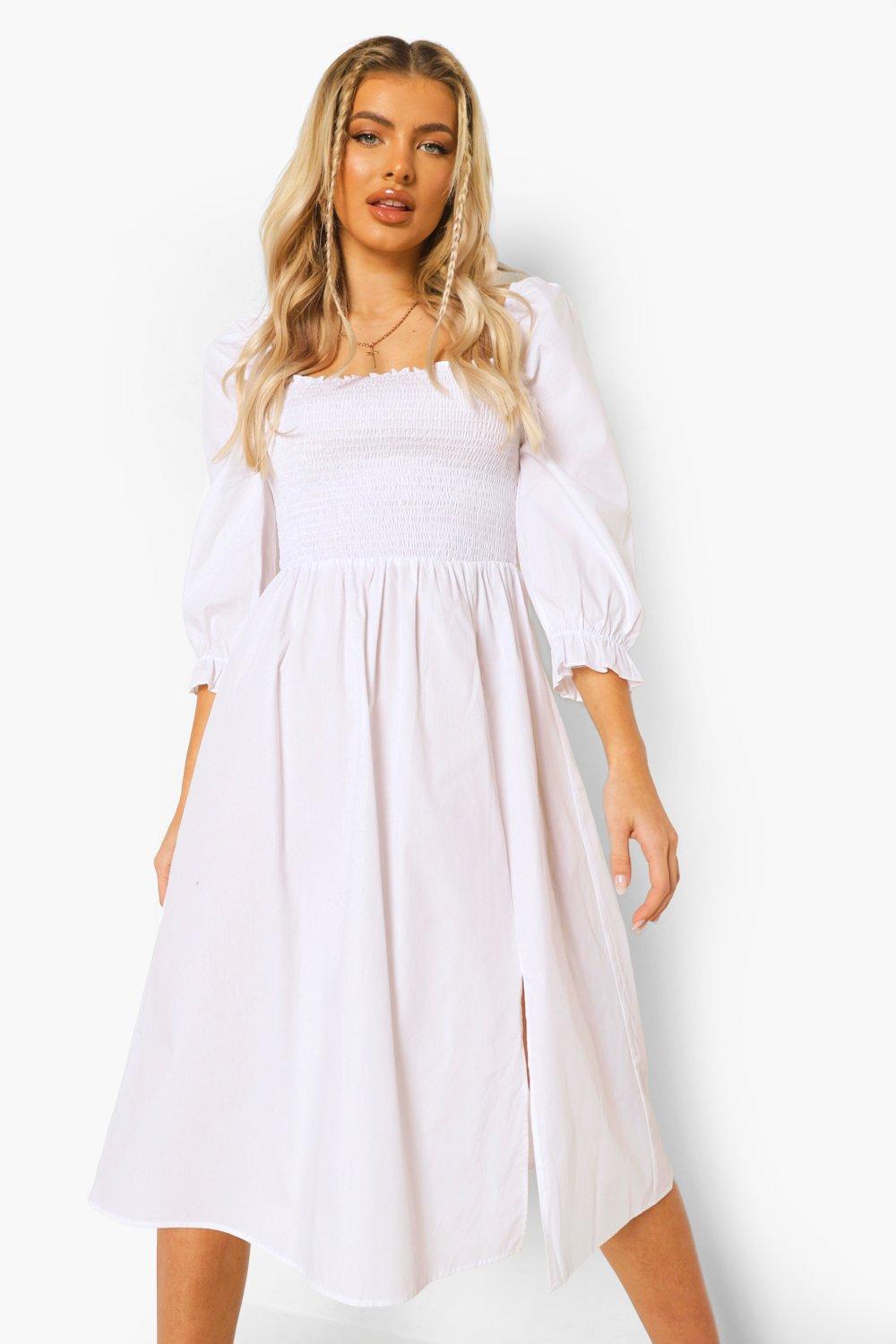 Cotton Shirred Puff Sleeve Midi Dress | boohoo CA