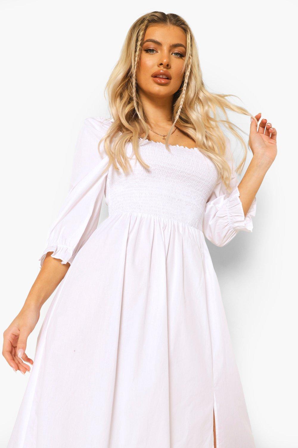 Cotton Shirred Puff Sleeve Midi Dress