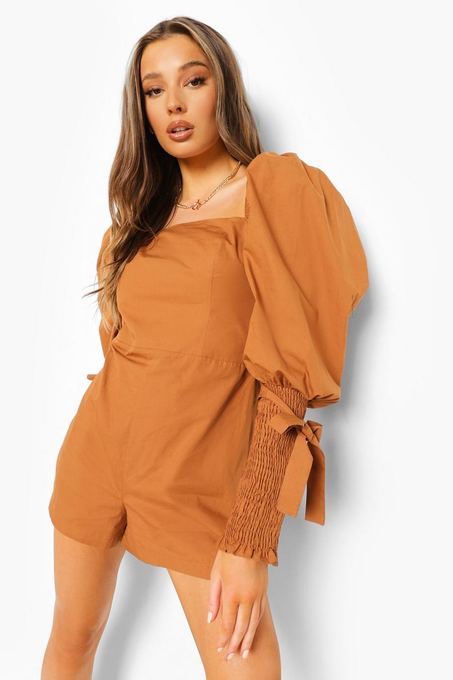 Tan Cotton Tie Cuff Puff Sleeve Playsuit image number 1