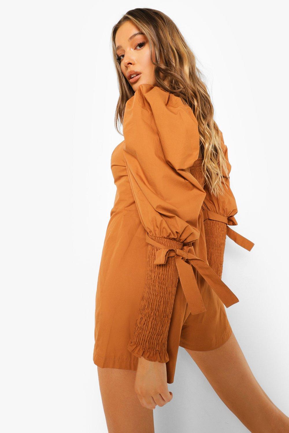 Cotton Tie Cuff Puff Sleeve Playsuit boohoo FI