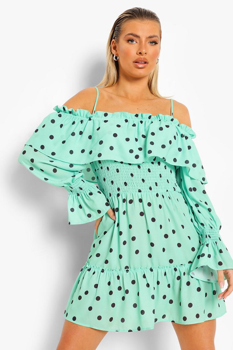 Green Prickig cold shoulder-klänning med smock image number 1