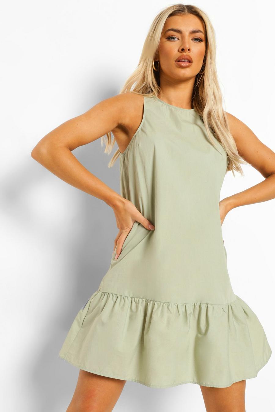 Sage grön Skiftklänning i bomull med volangkant image number 1