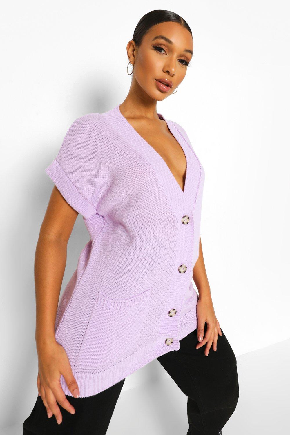 purple sleeveless cardigan