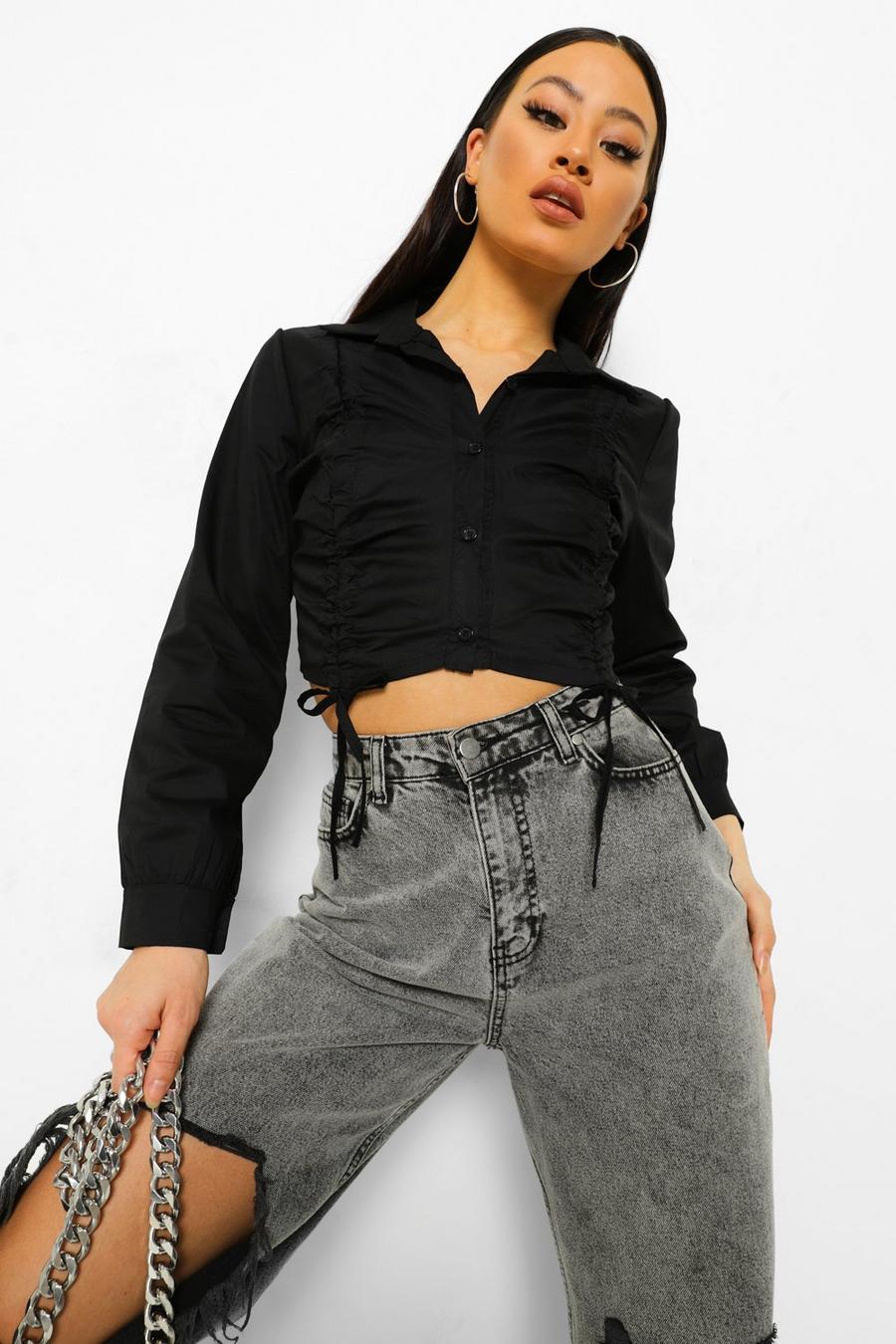 Black Ruched Drawcord Crop Shirt image number 1