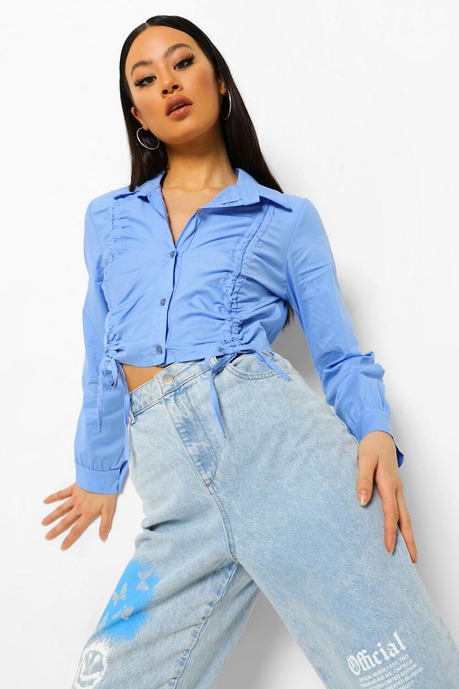 Blue Ruched Drawcord Crop Shirt image number 1