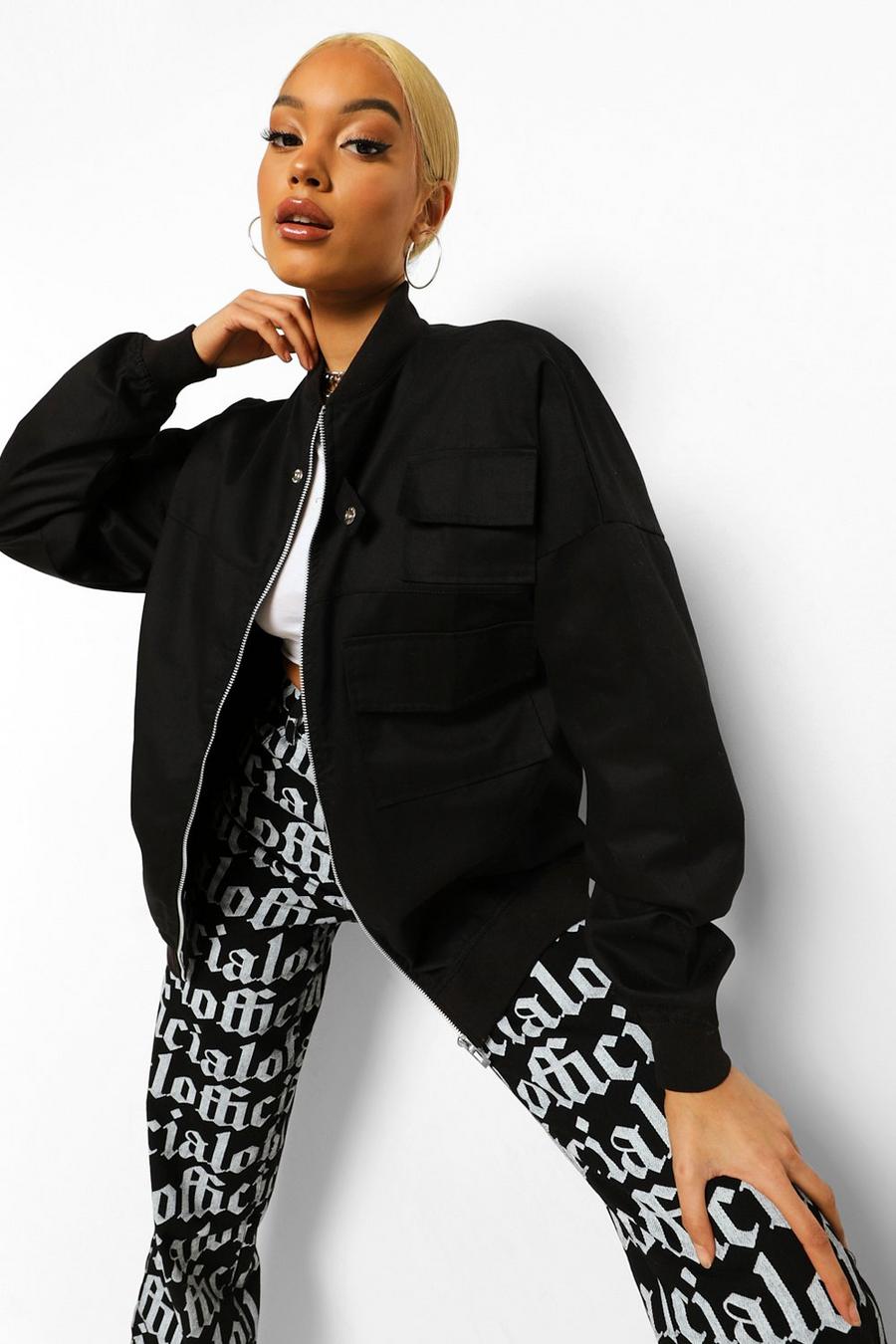 Black Oversized Utility Bomber Jacket image number 1