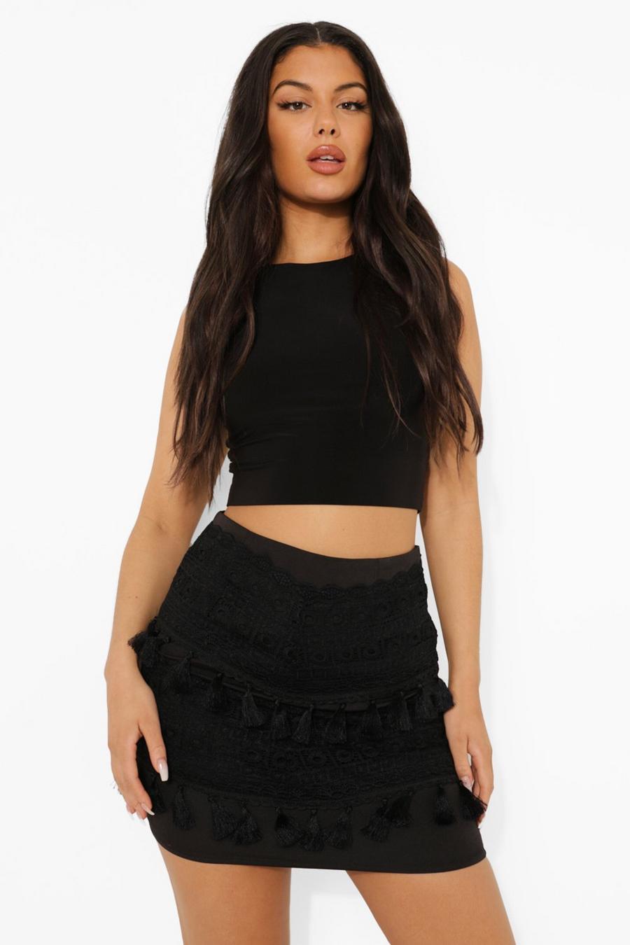 Black Lace Tassel Trim Mini Skirt image number 1