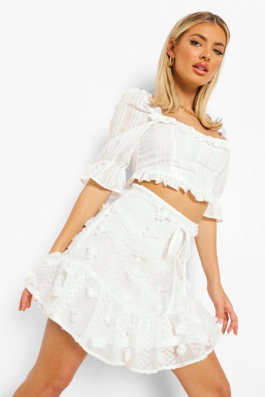 White Textured Lace Frill Hem Skater Skirt image number 1