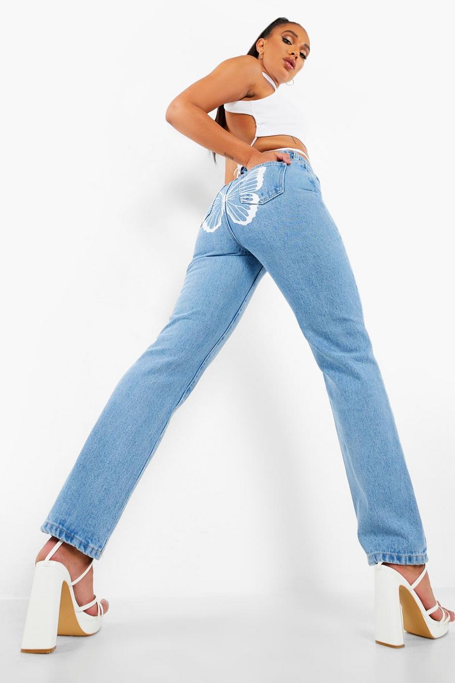 Light blue Straight Leg Jeans With Butterfly Back Print image number 1