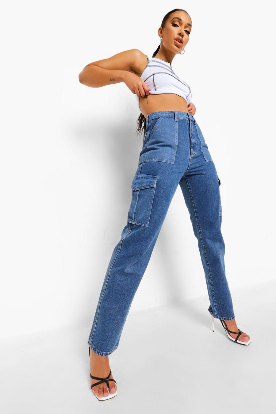 Jeans utility a gamba dritta con tasche a contrasto, Blu medio image number 1