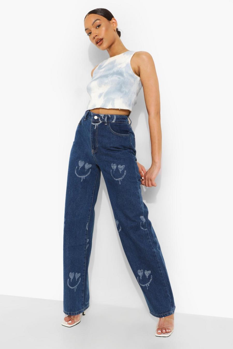 Mid blue All Over Face Print Boyfriend Jeans image number 1