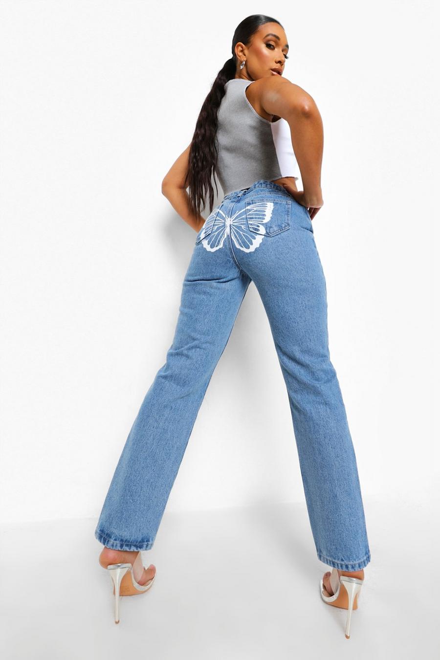 High Waisted Butterfly Print Straight Jeans - Blue L