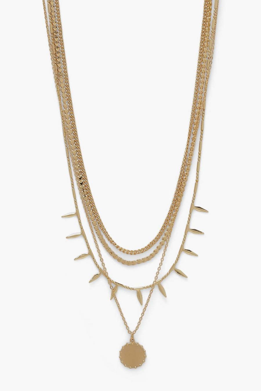 Gold Spike Dropped Coin Pendant Layered Necklace image number 1