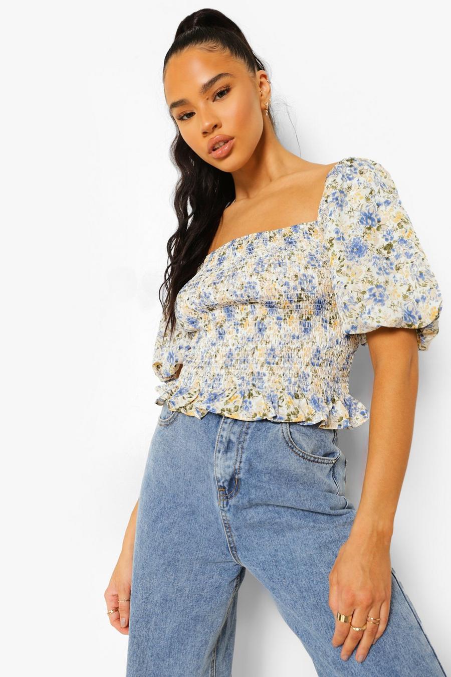 Blue Floral Print Shirred Puff Sleeve Top image number 1