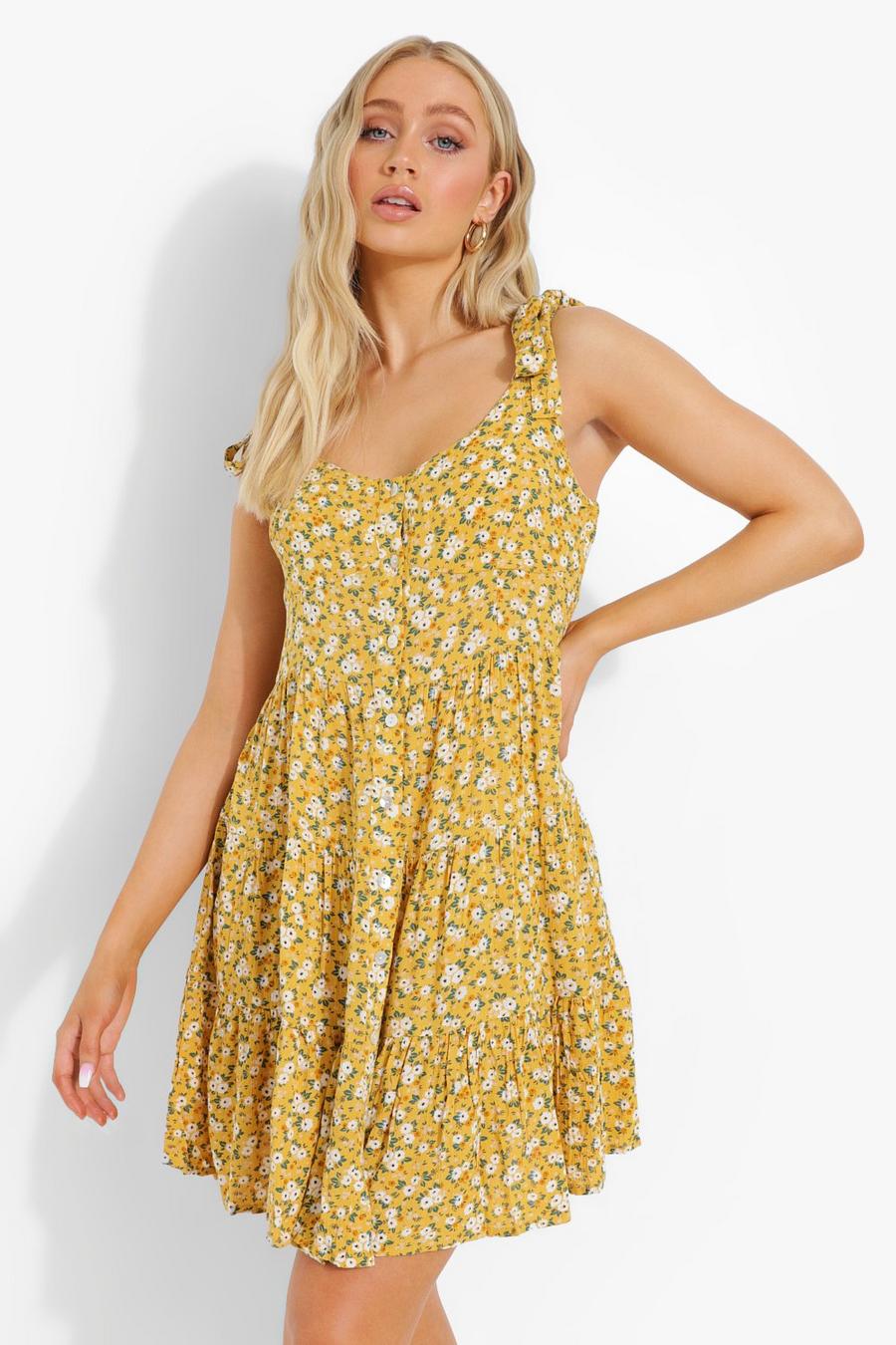 Yellow Ditsy Floral Tie Strap Skater Dress image number 1
