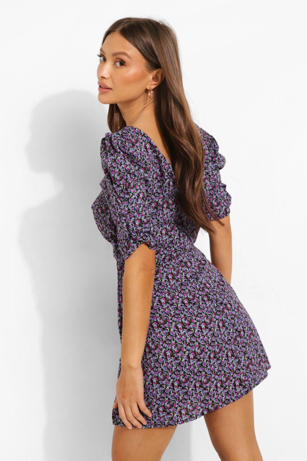 floral print puff sleeve mini dress