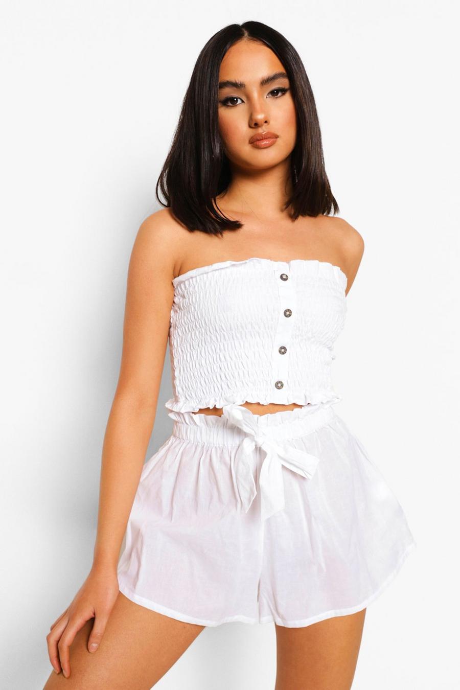White Shirred Bandeau Button Crop Top image number 1