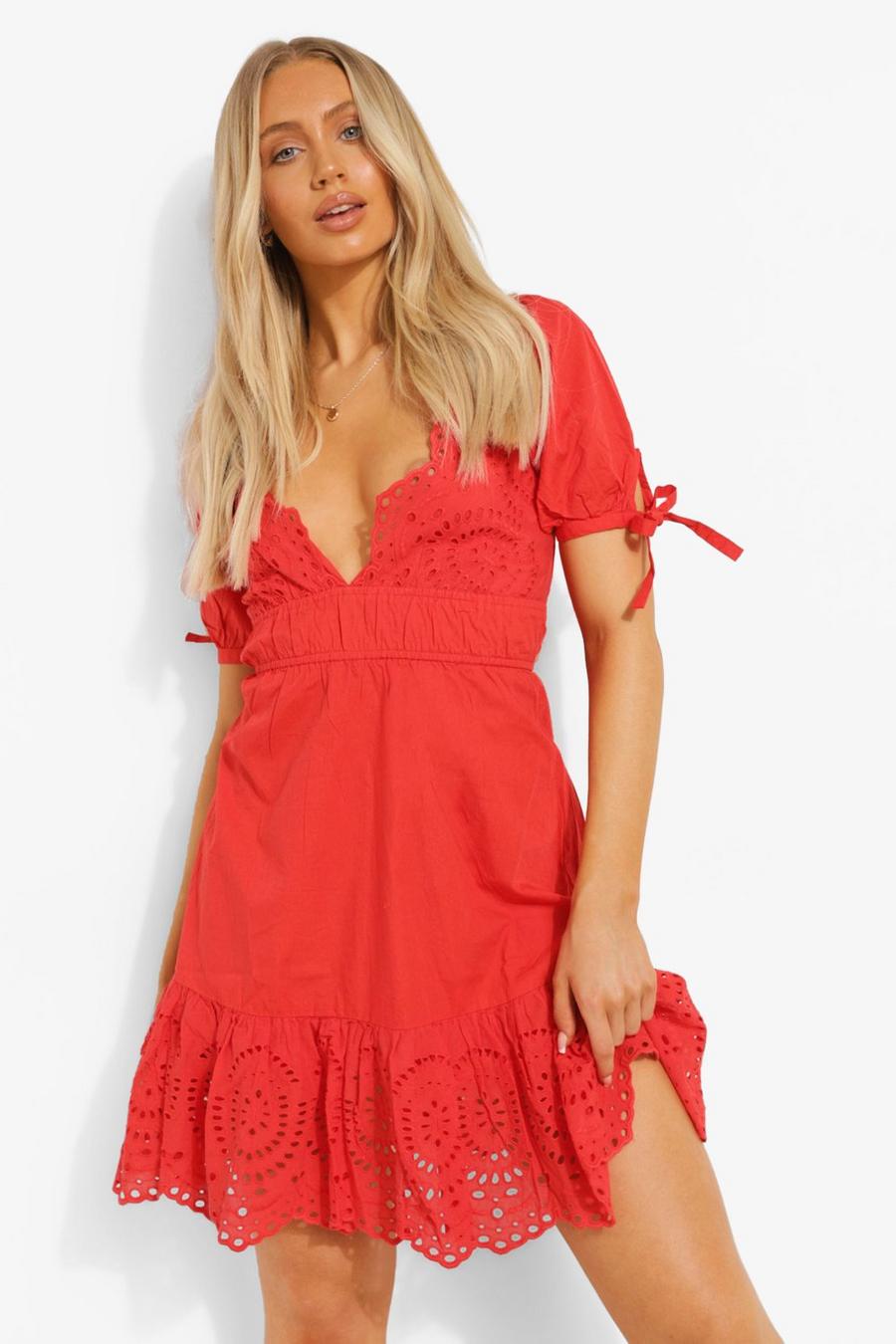 Red Broderie Anglaise Plunge Skater Dress image number 1