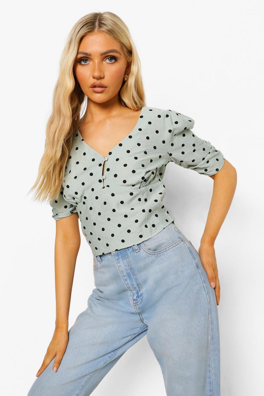 Mint Polka Dot Button Detail Corp Top image number 1
