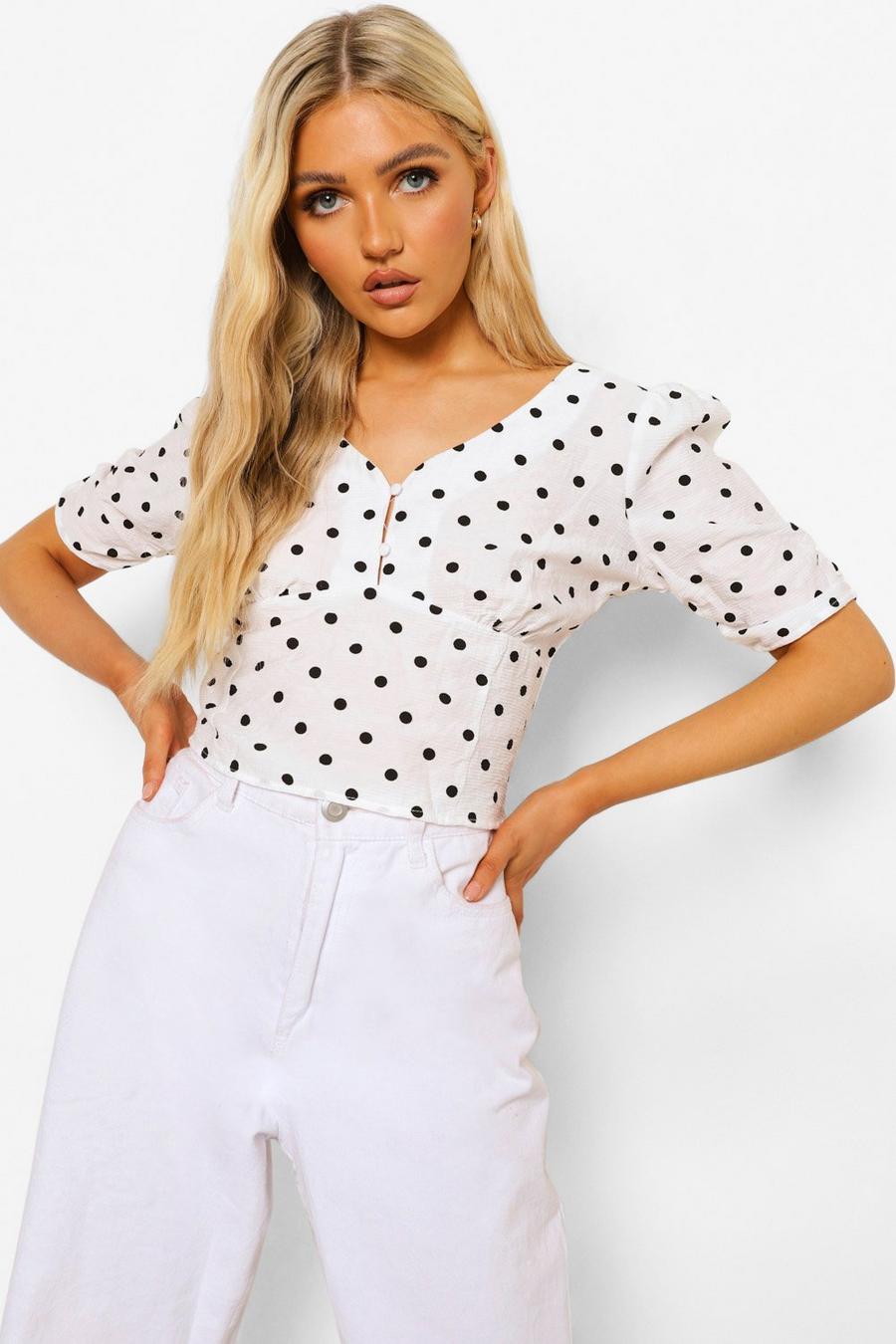 White Polka Dot Button Detail Corp Top image number 1