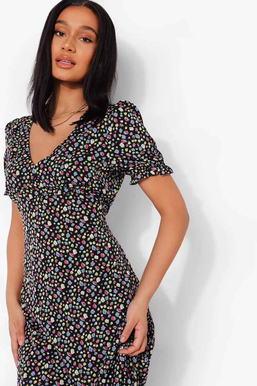 Black floral 2025 short sleeve dress