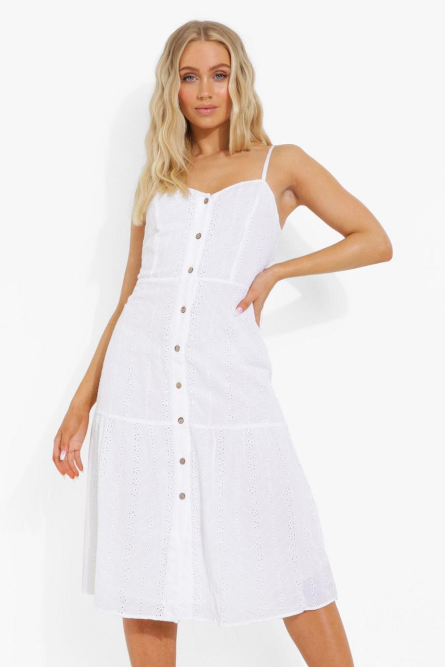White Broiderie Button Through Midi Dress image number 1