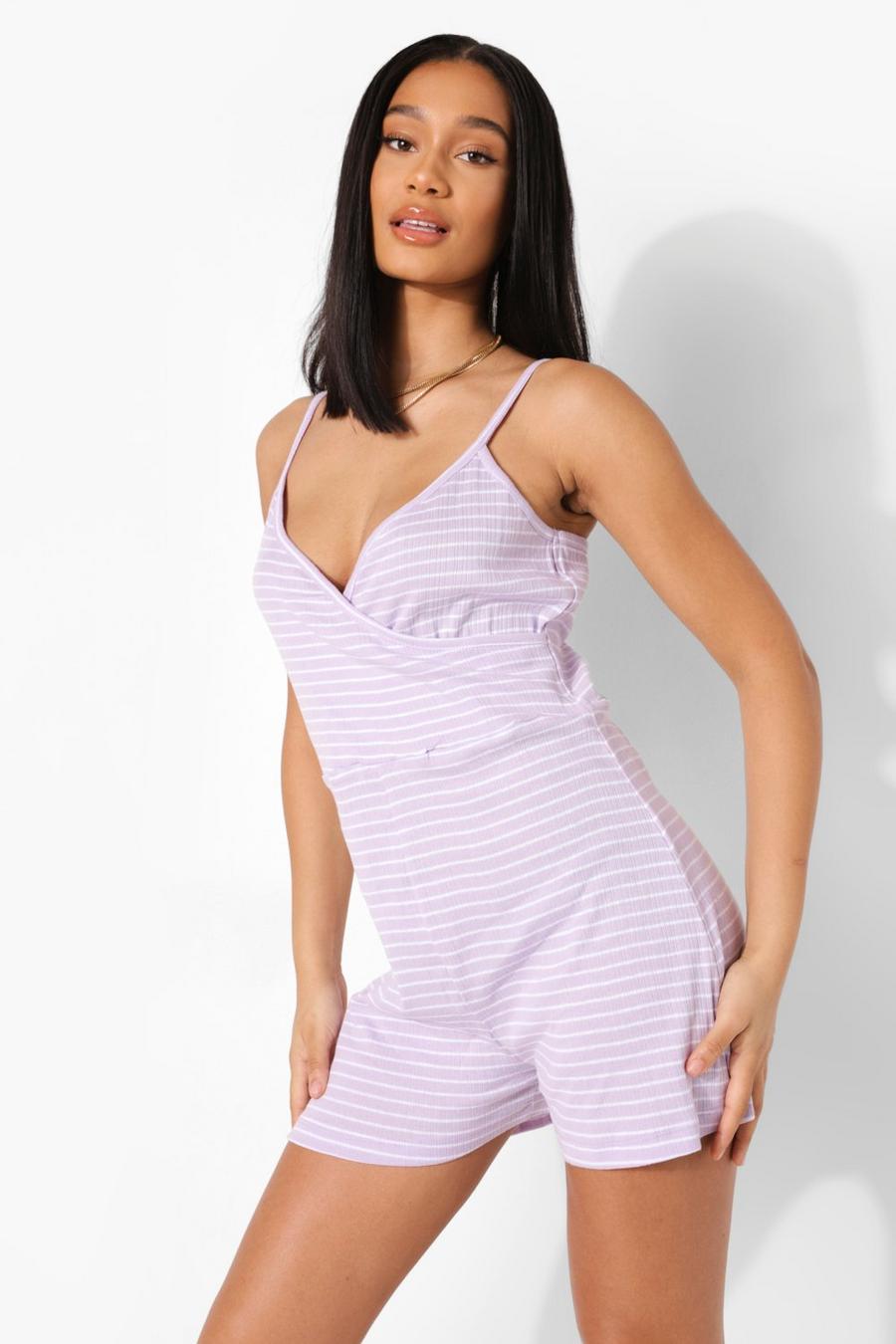 Lilac Randig playsuit med smala axelband image number 1