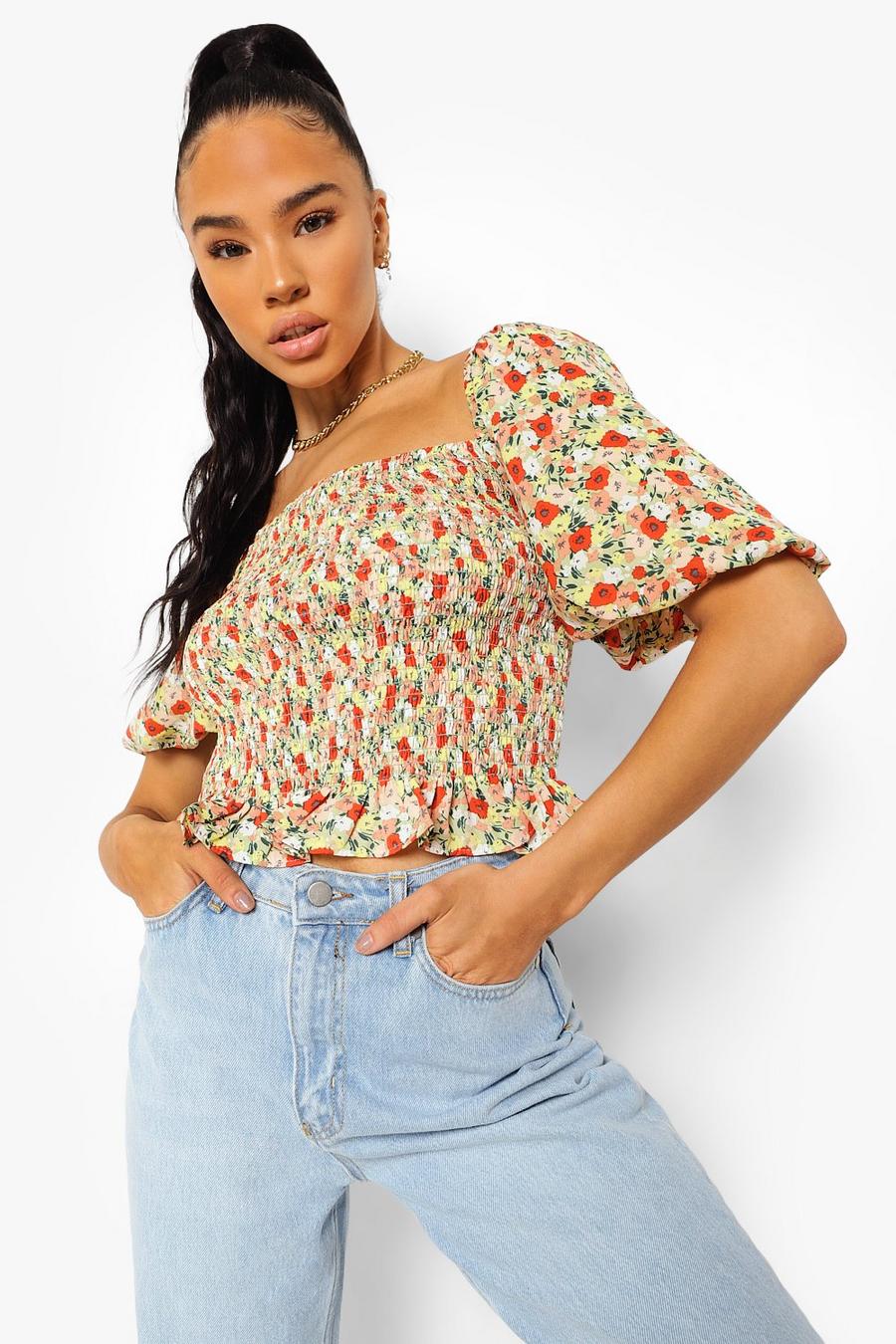 Red Floral Print Shirred Top