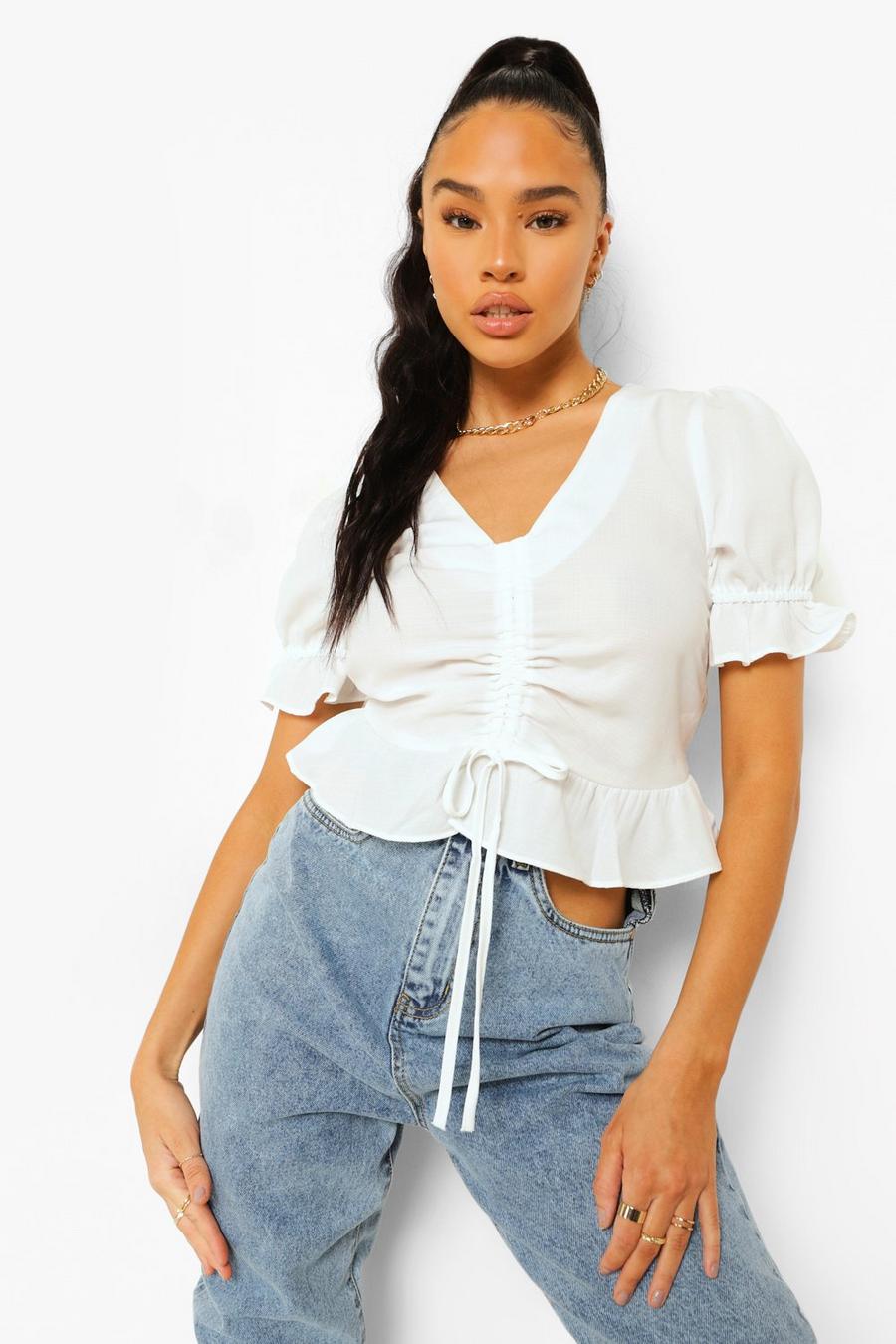 White Ruched Front Frill Hem Blouse image number 1