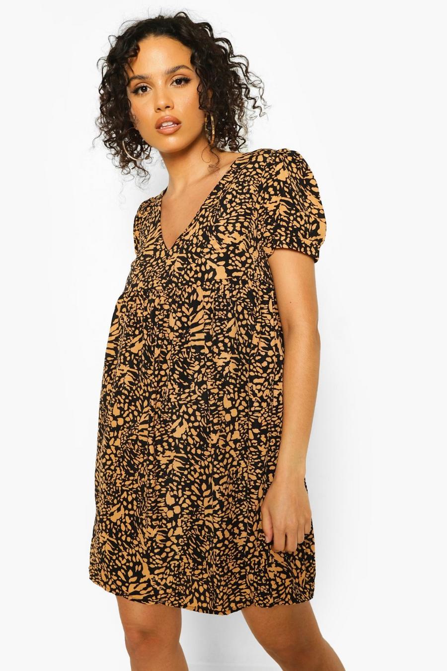 Tan Leopard Print Short Sleeve Smock Dress image number 1