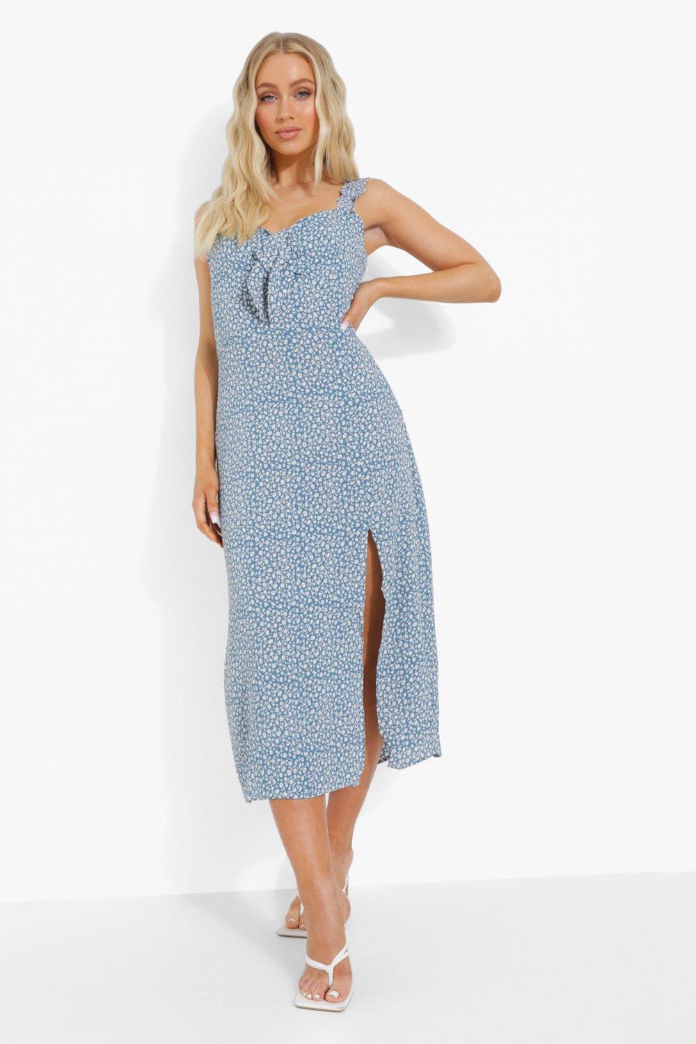 Blue ditsy floral cheap split midi dress