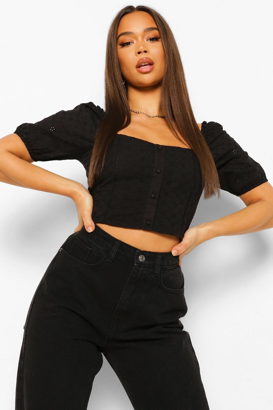 Black Broiderie Anglaise Crop Top Met Knopen image number 1