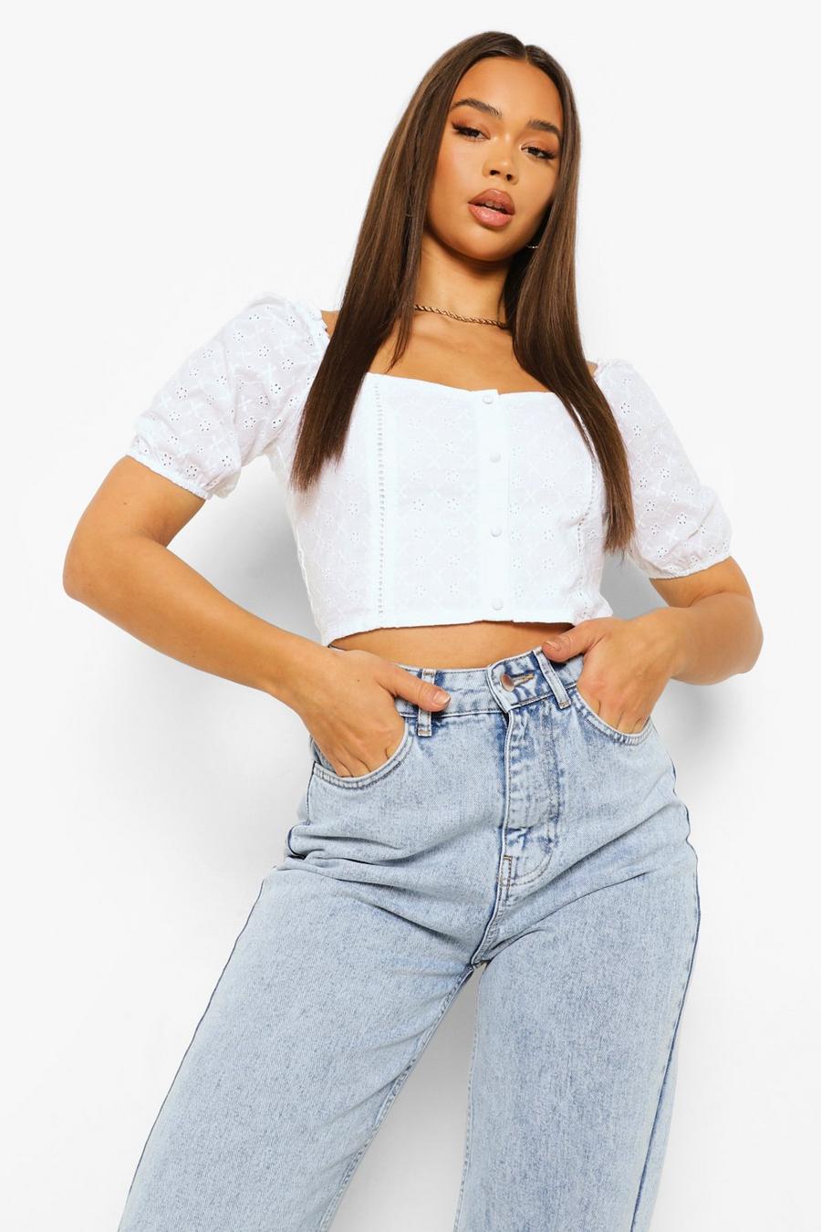 White Broiderie Anglaise Crop Top Met Knopen image number 1
