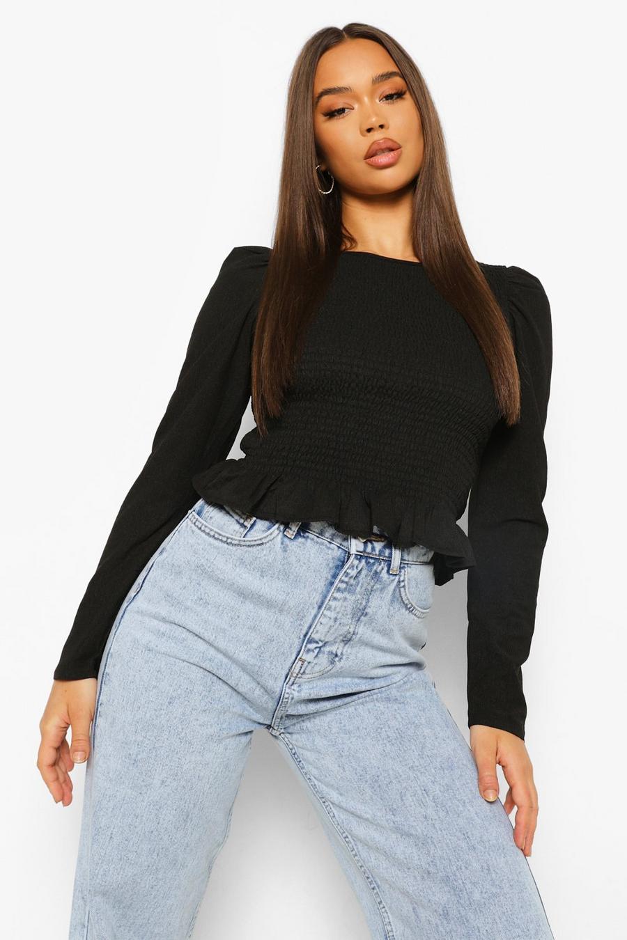 Black Ruched Front Frill Detail Crop Top image number 1